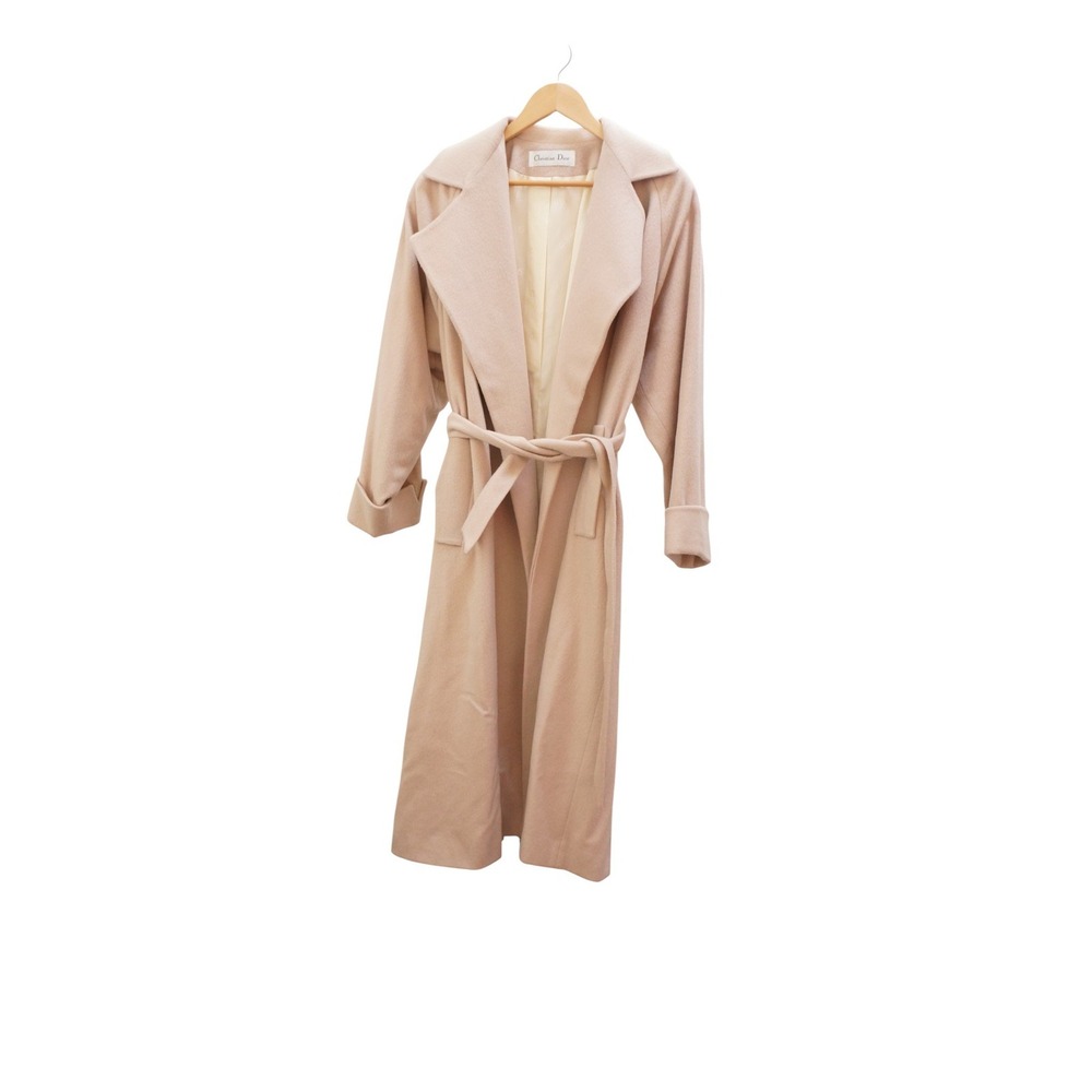 Christian Dior Beige Long Wool Blend Trench Coat Belted Lapel Collar Women - Picture 3 of 16